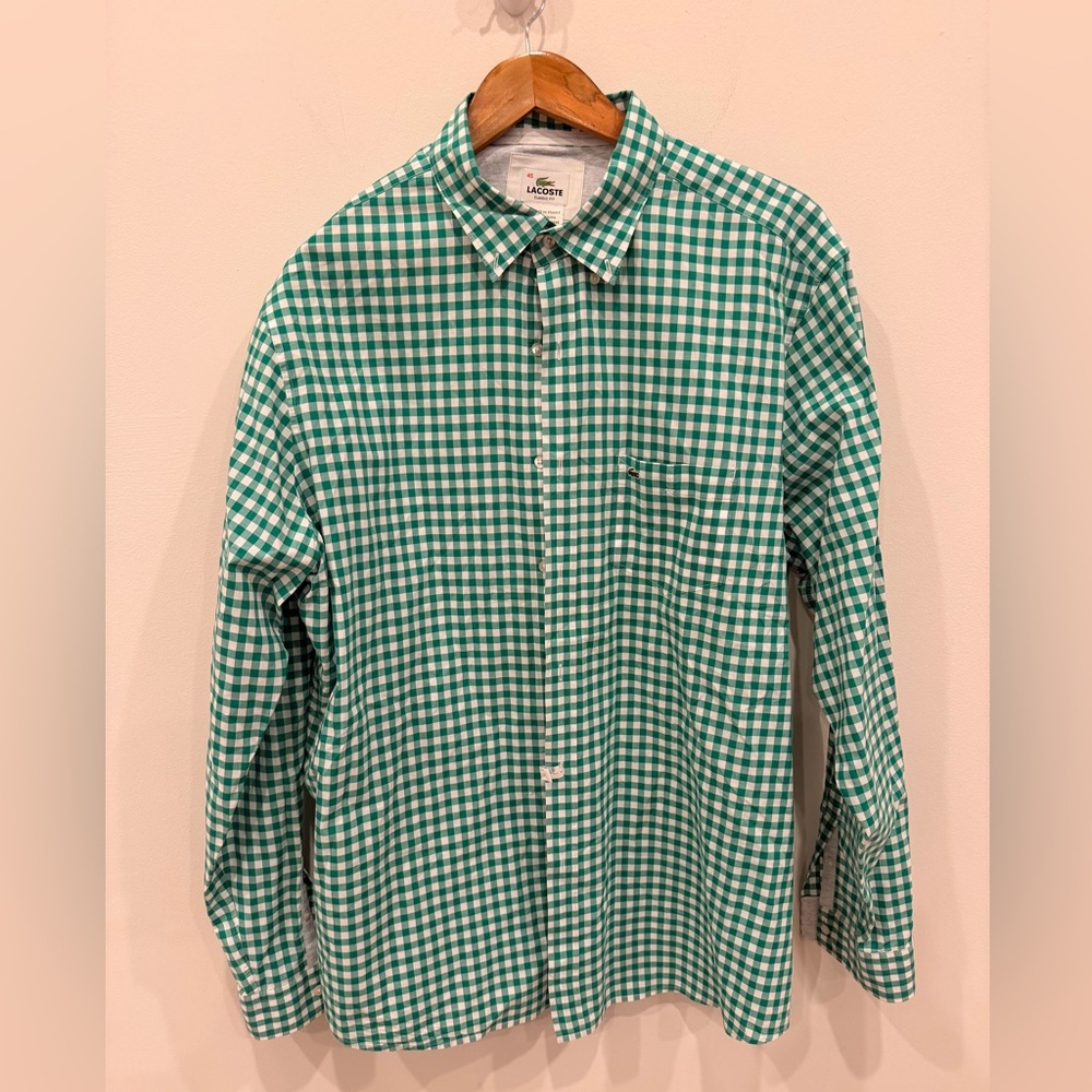 Lacoste Gingham Button Down Shirt Green White Check Classic Fit Mens XL